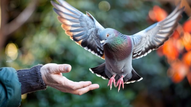 A pigeon flying towards a hand that is reaching out