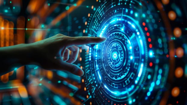 A hand touching a futuristic digital interface with glowing lights