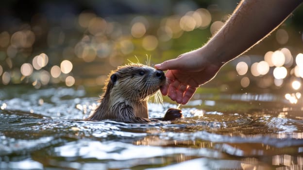 A person petting a small otter in the water with their hand