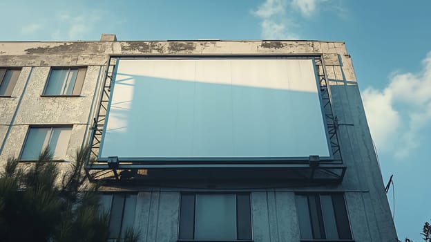 Large empty advertisement billboard on the side of a modern building against a clear sky, ideal for branding mockups - Generative AI