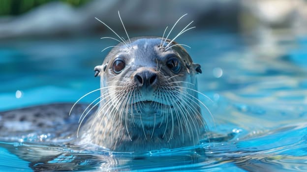 A seal swimming in a pool with water and rocks