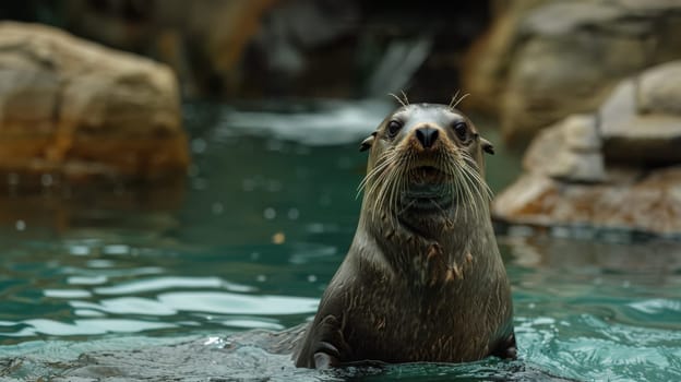 A seal in the water with rocks behind it and a waterfall