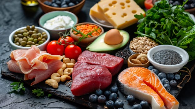 A variety of different types of food are displayed on a table