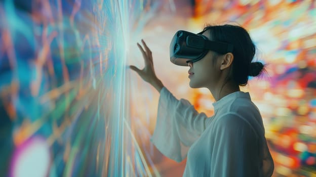 A woman wearing a virtual reality headset reaches out to interact with a vivid, colorful digital art display, immersed in a futuristic experience - Generative AI