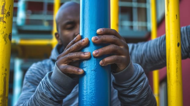 A man holding a blue pole in his hands on the playground