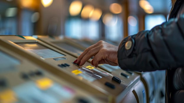 A person is touching a button on an electronic machine