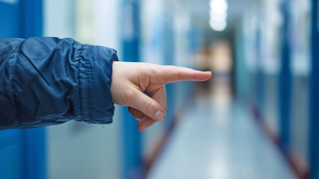 A person pointing at something in a hallway with their hand