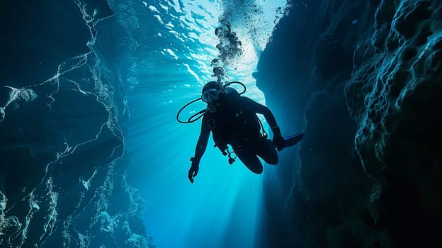 A scuba diver is swimming through a cave with rocks