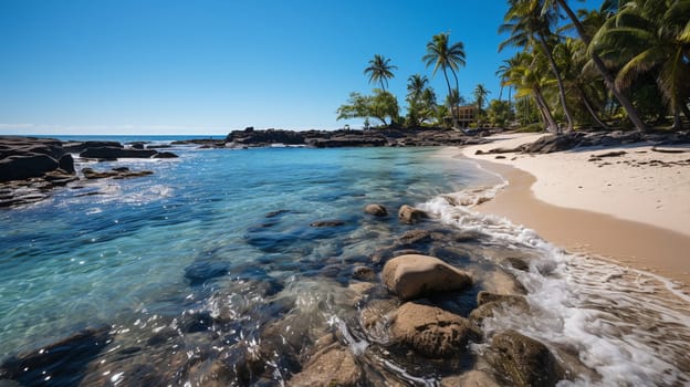 A tranquil beach scene with clear, shallow waters leading to a soft sandy shore lined with lush palm trees and rocks under a bright sky - Generative AI