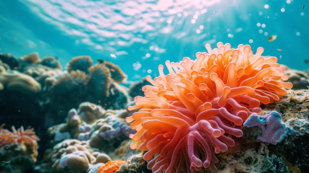 A close up of an orange sea urchin on a coral reef