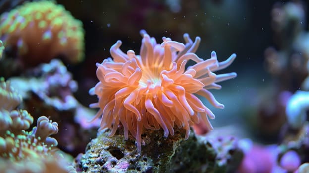 A close up of an orange sea urchin on a coral reef