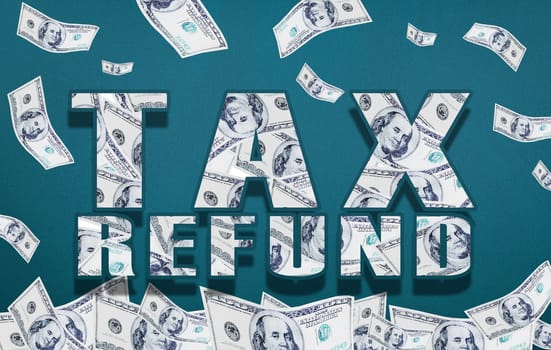 Tax, dollars and money on return in text abstract with reward and finance from government rebate. Cash, refund and financial growth in savings with profit on accounting, payment or audit in economy.