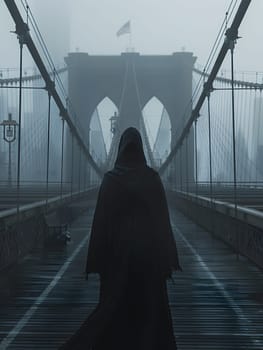 A figure is crossing a bridge shrouded in fog, creating a monochrome composition of symmetry and mystery with the atmospheric phenomenon