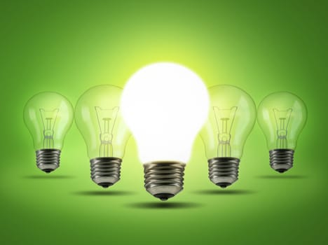 Light bulb, row and green background for bright, electricity and idea for innovation or inspiration. Energy, lighting or glowing for solution, unique creativity knowledge for power or outstanding.