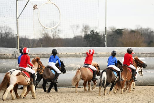 Children on pony playing horseball France