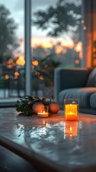 A cozy living room with a couch and a table adorned with amber candles, creating a warm and inviting ambiance. The natural sunlight filters through the window, casting a soft orange glow in the room