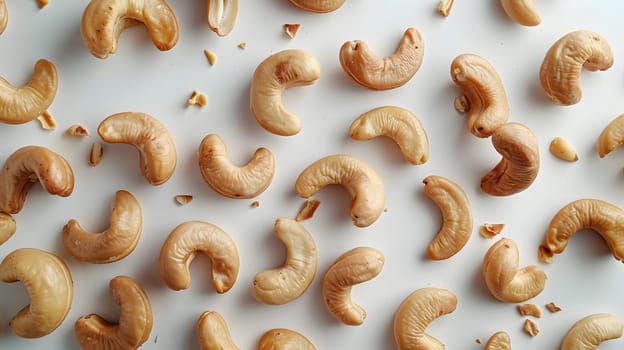A pile of cashews, a versatile ingredient in various cuisines, sits on a white surface, ready to be incorporated into dishes or baked goods for added flavor and texture