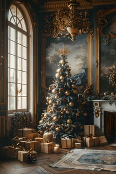A beautifully decorated Christmas tree stands in the center of the room, surrounded by festive ornaments and twinkling lights, creating a cozy holiday atmosphere