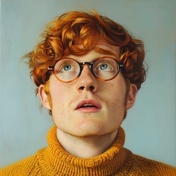 A man with fiery red hair, donning glasses and a bright yellow sweater, gazes through his spectacles as he contemplates painting a selfportrait