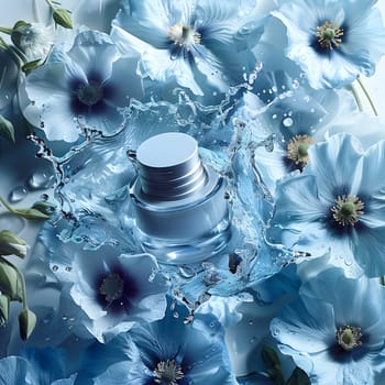 An aqua bottle of perfume is encased by azure flowers, resembling a fresh spring. The liquid inside mimics the clear fluidity of mineral water, enhancing the floral petal scent