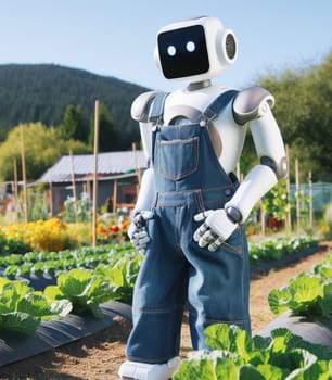 robot working in the farm vegetable garden to grow produce for human consumption ai generated