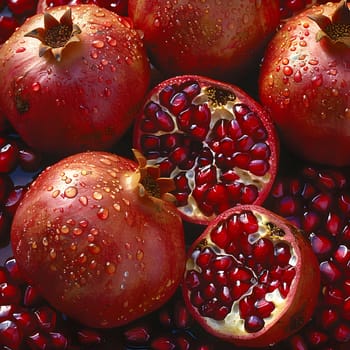 A bunch of nutrientpacked pomegranates, a superfood, with water drops on them. These plantbased fruits are a staple food known for their delicious seeds and natural goodness