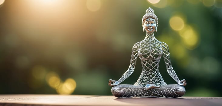 Woman in yoga pose, bent wire figure on nature backdrop, Creative figures symbol of tranquility, art and serenity intersection