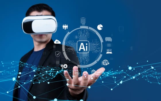 Human interact with AI artificial intelligence brain processor in concept of AI artificial intelligence engineering, big data and AI machine learning to use generative AI for business support. Faas