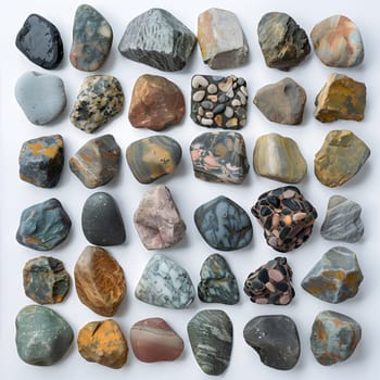 The photograph displays a variety of natural materials such as rocks, pebbles, and metal artifacts. These art pieces can be used as fashion accessories and are made from chemical substances