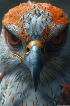 A detailed closeup of a bird of prey, specifically an eagle, showcasing its fierce gaze with vibrant orange eyes and intricate feather patterns