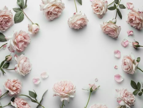 Pale pink roses and petals arranged in circular frame on white background, romantic floral design with copy space, top view. Ai generation. High quality photo