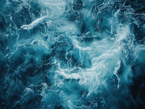 Top view of ocean waves churning with foam, creating intricate patterns of white and deep blue, dynamic water texture. Marine background. Ai generation. High quality photo