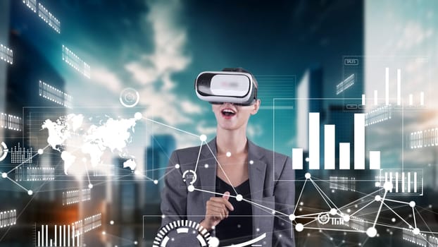 Businesswoman user making zoom with big data dynamic market graph monitor VR future global innovation interface digital infographic network technology thinking visual hologram animation. Contraption.