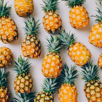 A group of Ananas comosus, commonly known as pineapples, are arranged neatly on a white surface. These tropical fruits are green and orange in color, making them a popular ingredient in natural foods