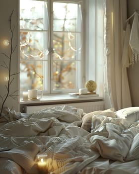 A comfortable bed with a candle rests on hardwood flooring in front of a window in a building. Sunlight streams in, casting a warm glow on the floor