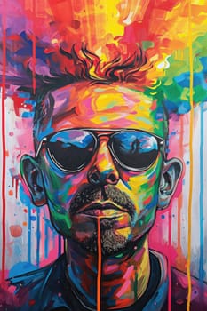The comic colourful picture of the short hair male adult human head and has been wearing sunglasses with straight face yet picture fill with various colour that make picture fill with emotion. AIGX01.
