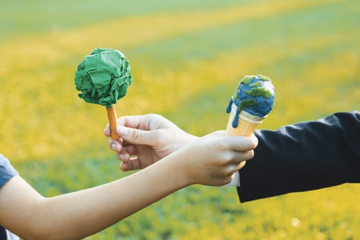 Businessman exchange tree to a boy holding melting Earth as part of ESG and CSR initiative concept of corporate responsibility for greener environment and sustainable future generation. Gyre