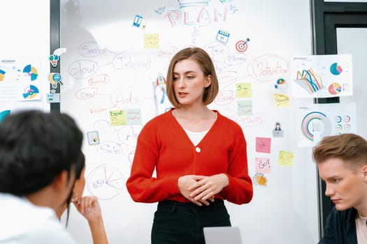 Professional attractive female leader presents creative marketing plan by using brainstorming mind mapping statistic graph and colorful sticky note at modern business meeting room. Immaculate.