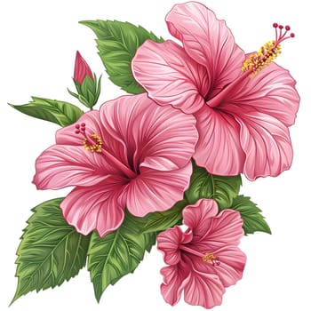 An artistic display of pink Hawaiian hibiscus flowers with green leaves, known as tree mallow, on a clean white background. A botanical masterpiece showcasing the beauty of flowering plants