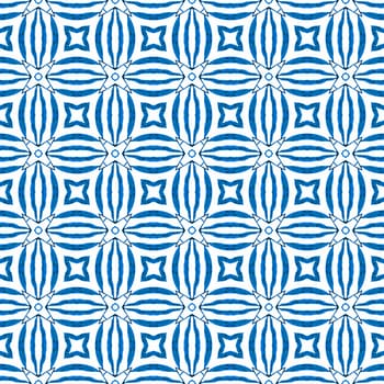 Textile ready wonderful print, swimwear fabric, wallpaper, wrapping. Blue fascinating boho chic summer design. Ikat repeating swimwear design. Watercolor ikat repeating tile border.