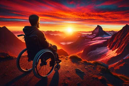 Young man in a wheelchair on top of a mountain looking at the red sunset.