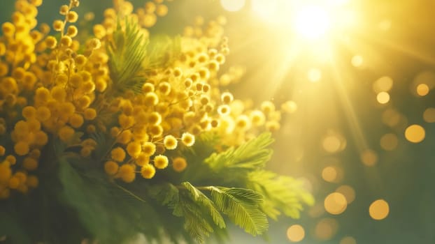 Blooming yellow mimosa in sunlight, spring background with copy space.