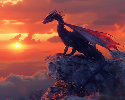 Dragon perched atop a craggy cliff at sunset, digitally created image with stunning colors and dramatic silhouette.