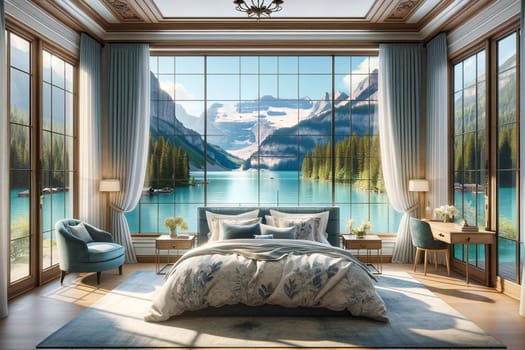 Bedroom interior with glass walls and views of the mountains and lake.