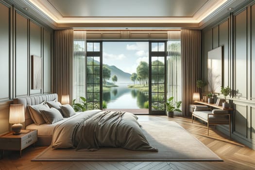 Bedroom interior with French windows from the floor and mountain views and lake.