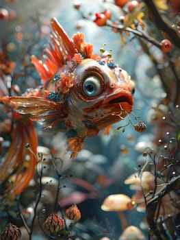 An electric blue fish, with a large eye, is swimming among the plant life in the underwater reef. This closeup view showcases the beauty of marine biology through macro photography