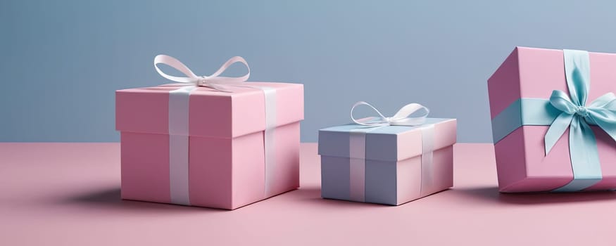 Gift boxes with red ribbons, white surface, teal background, celebration, gifting opportunity.