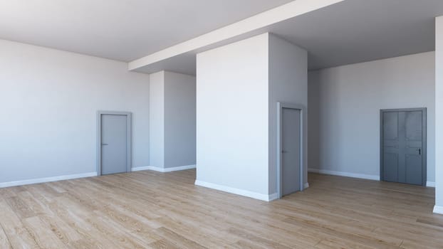 Empty room with parquet floor. 3d render design