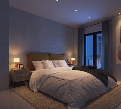 3d rendering of bedroom interior in modern style with concrete wall.