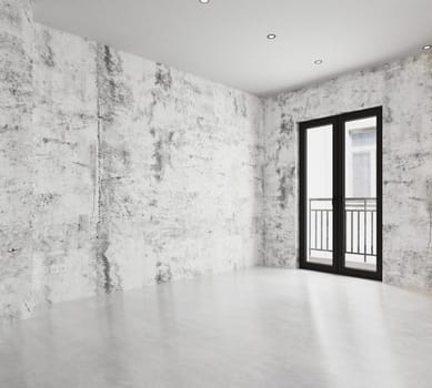 Interior of empty room with white walls, concrete floor and black door. 3d rendering